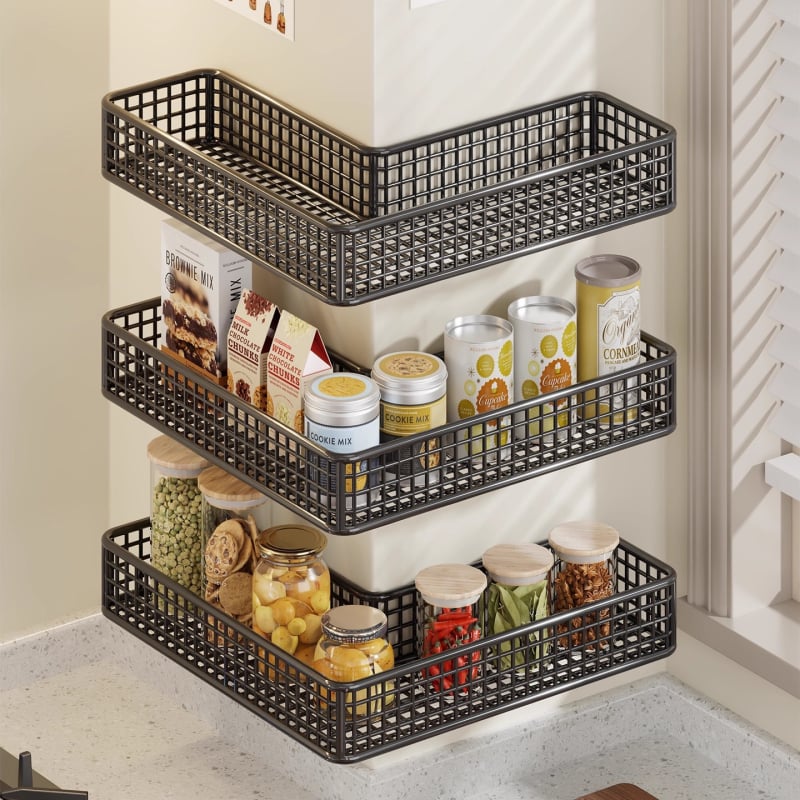 Ъглов стенен кухненски рафт, многофункционален метален органайзер за подправки, чесън и джинджифил