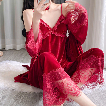 Sieviešu samta naktsveļa komplekts ar dimantu rakstu, augstas kvalitātes komplekts, V kakla izgriezums, garas piedurknes, mežģīnes tops ar krūšu pildījumu