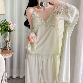 Sieviešu samta naktsveļa komplekts ar dimantu rakstu, augstas kvalitātes komplekts, V kakla izgriezums, garas piedurknes, mežģīnes tops ar krūšu pildījumu