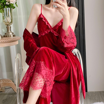 Sieviešu samta naktsveļa komplekts ar dimantu rakstu, augstas kvalitātes komplekts, V kakla izgriezums, garas piedurknes, mežģīnes tops ar krūšu pildījumu