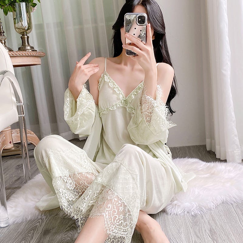 Sieviešu samta naktsveļa komplekts ar dimantu rakstu, augstas kvalitātes komplekts, V kakla izgriezums, garas piedurknes, mežģīnes tops ar krūšu pildījumu