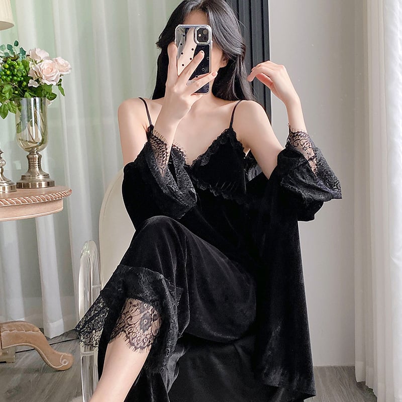 Sieviešu samta naktsveļa komplekts ar dimantu rakstu, augstas kvalitātes komplekts, V kakla izgriezums, garas piedurknes, mežģīnes tops ar krūšu pildījumu