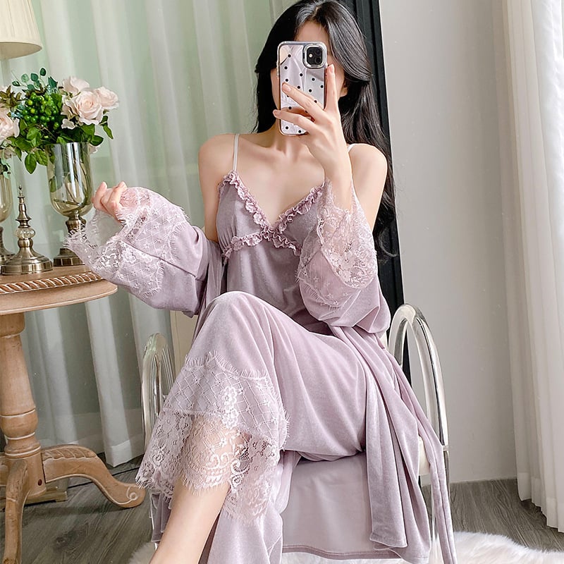 Sieviešu samta naktsveļa komplekts ar dimantu rakstu, augstas kvalitātes komplekts, V kakla izgriezums, garas piedurknes, mežģīnes tops ar krūšu pildījumu