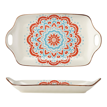 Bohemia porcelán téglalap alakú halas tál kettős fogantyúval, aláglazúrral, virágmintás, mikrohullámú sütőben használható
