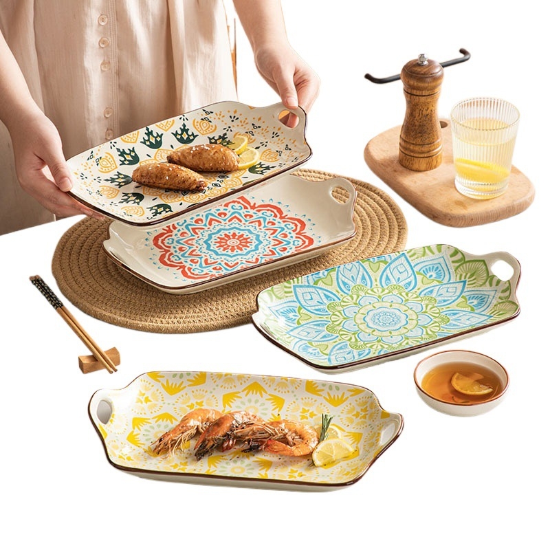 Bohemia porcelán téglalap alakú halas tál kettős fogantyúval, aláglazúrral, virágmintás, mikrohullámú sütőben használható