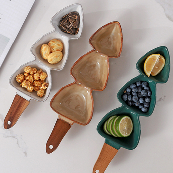 Porcelán osztott tányér fa fogantyúval, logónyomtatási és testreszabási lehetőséggel