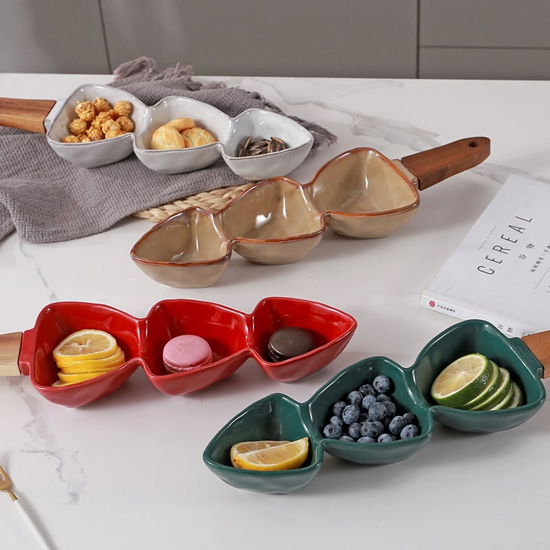 Porcelán osztott tányér fa fogantyúval, logónyomtatási és testreszabási lehetőséggel