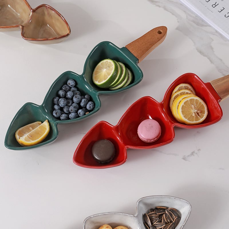 Porcelán osztott tányér fa fogantyúval, logónyomtatási és testreszabási lehetőséggel