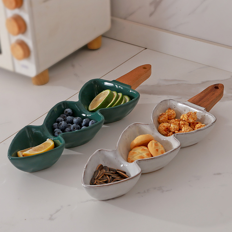 Porcelán osztott tányér fa fogantyúval, logónyomtatási és testreszabási lehetőséggel