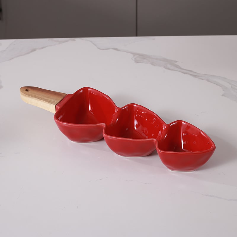 Porcelán osztott tányér fa fogantyúval, logónyomtatási és testreszabási lehetőséggel