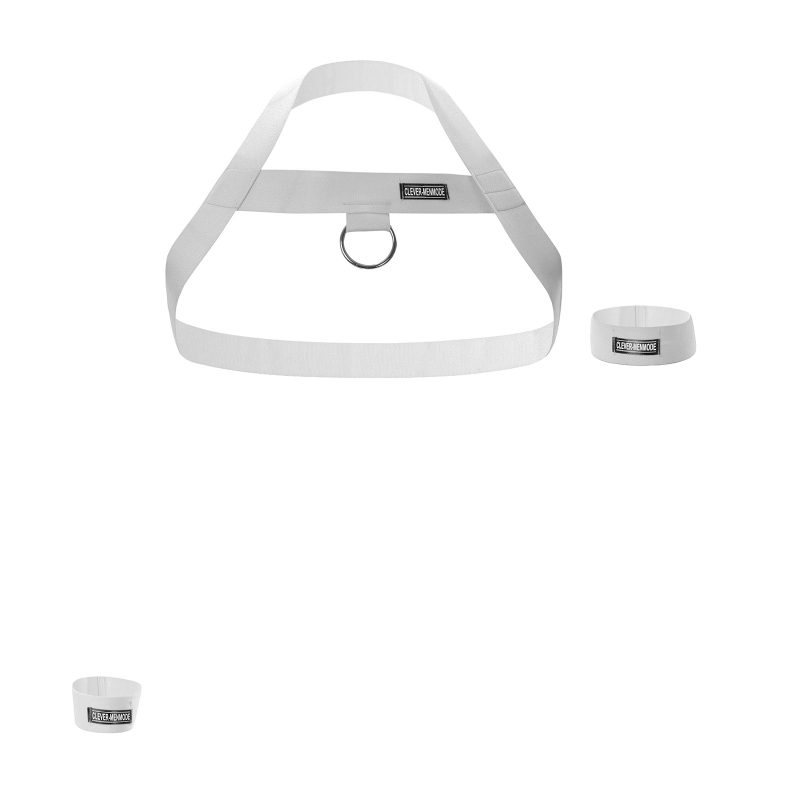 Férfi korlátozó hám fém gyűrűvel és keresztpántokkal, tartalmaz csukló- és karpántot, 82% poliészter + 18% spandex, Clever-menmode