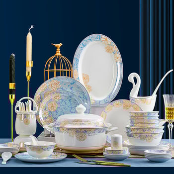 Bone china laua serveerimis komplekt: kausid ja taldrikud, kerge luksuslik stiil, lillemustriga, ümmargune kuju, mikrolaineahjus kasutatav, trükitud logoga