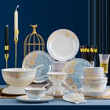 Bone china laua serveerimis komplekt: kausid ja taldrikud, kerge luksuslik stiil, lillemustriga, ümmargune kuju, mikrolaineahjus kasutatav, trükitud logoga