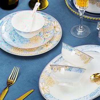 Bone china laua serveerimis komplekt: kausid ja taldrikud, kerge luksuslik stiil, lillemustriga, ümmargune kuju, mikrolaineahjus kasutatav, trükitud logoga