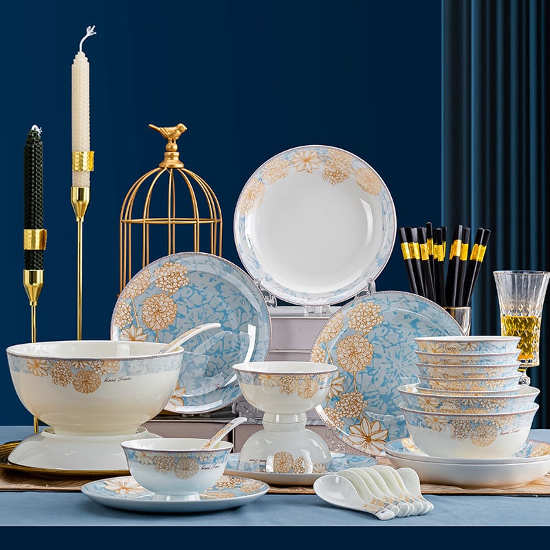 Bone china laua serveerimis komplekt: kausid ja taldrikud, kerge luksuslik stiil, lillemustriga, ümmargune kuju, mikrolaineahjus kasutatav, trükitud logoga