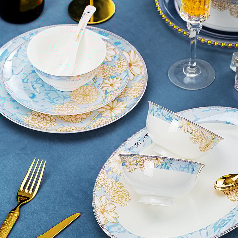 Bone china laua serveerimis komplekt: kausid ja taldrikud, kerge luksuslik stiil, lillemustriga, ümmargune kuju, mikrolaineahjus kasutatav, trükitud logoga