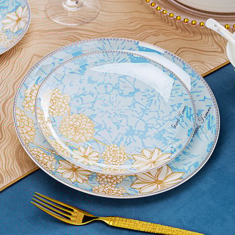 Bone china laua serveerimis komplekt: kausid ja taldrikud, kerge luksuslik stiil, lillemustriga, ümmargune kuju, mikrolaineahjus kasutatav, trükitud logoga