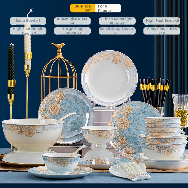 Bone china laua serveerimis komplekt: kausid ja taldrikud, kerge luksuslik stiil, lillemustriga, ümmargune kuju, mikrolaineahjus kasutatav, trükitud logoga