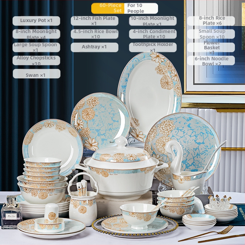 Bone china laua serveerimis komplekt: kausid ja taldrikud, kerge luksuslik stiil, lillemustriga, ümmargune kuju, mikrolaineahjus kasutatav, trükitud logoga