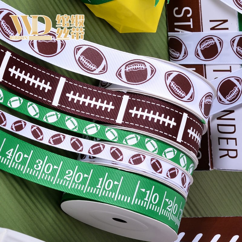 DIY hajszalag rugby témában – poliészter szatén szalag, nyomtatott minta, alkalmas hajkiegészítőkhöz, fejpántokhoz és masnikhoz