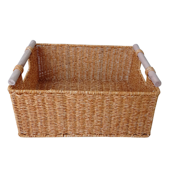 Кошница за съхранение с дървена дръжка, метална рамка, имитационен ратан и PP материал (Модерен минимализъм, есен 2020)