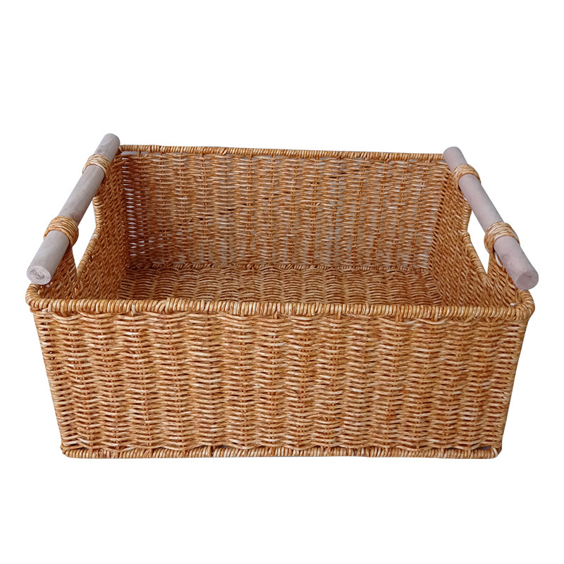 Кошница за съхранение с дървена дръжка, метална рамка, имитационен ратан и PP материал (Модерен минимализъм, есен 2020)