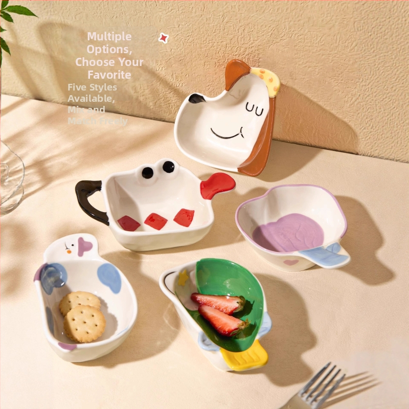 Keraminė panardinimo lėkštė - netaisyklingos formos, animacinis raštas, mielas stilius, tinkama mikrobangų krosnelei