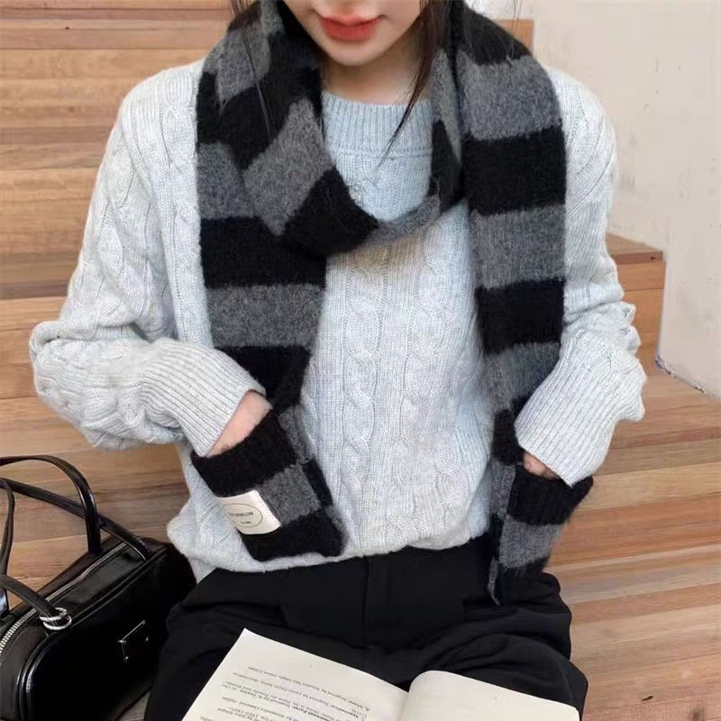 Șal în stil japonez, cu blocuri de culoare și dungi – poliester, tricotat prin warp knitting, iarnă, lungime medie