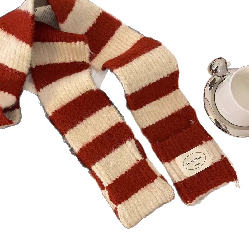 Șal în stil japonez, cu blocuri de culoare și dungi – poliester, tricotat prin warp knitting, iarnă, lungime medie