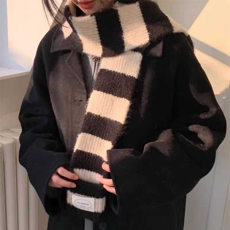 Șal în stil japonez, cu blocuri de culoare și dungi – poliester, tricotat prin warp knitting, iarnă, lungime medie