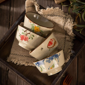 Bowl ceramic pentru orez, cu model floral subglazură, stil pastoral, potrivit pentru microunde