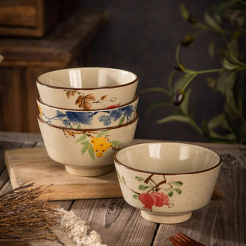Bowl ceramic pentru orez, cu model floral subglazură, stil pastoral, potrivit pentru microunde