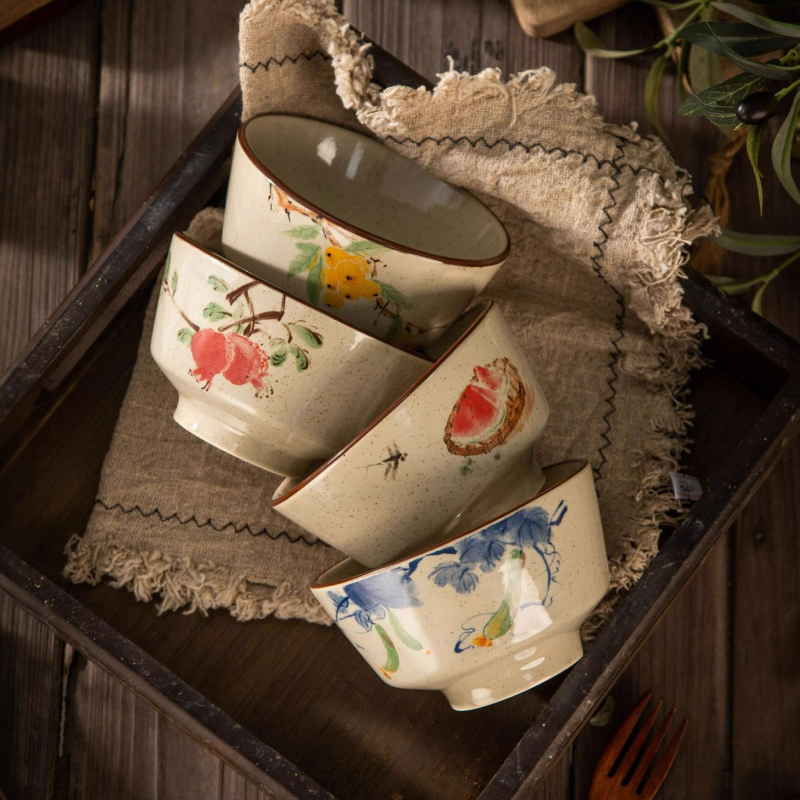 Bowl ceramic pentru orez, cu model floral subglazură, stil pastoral, potrivit pentru microunde