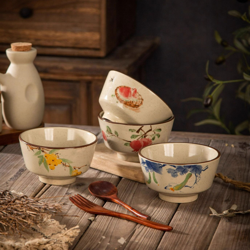 Bowl ceramic pentru orez, cu model floral subglazură, stil pastoral, potrivit pentru microunde