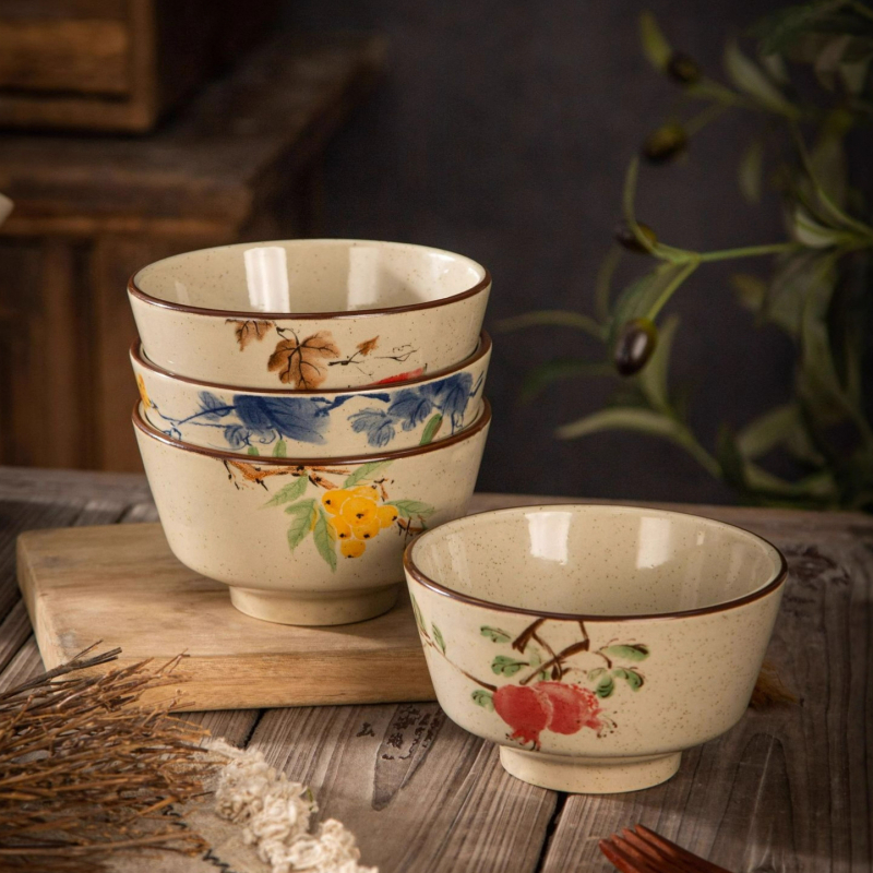 Bowl ceramic pentru orez, cu model floral subglazură, stil pastoral, potrivit pentru microunde