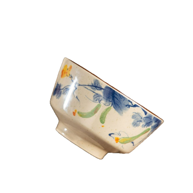 Bowl ceramic pentru orez, cu model floral subglazură, stil pastoral, potrivit pentru microunde