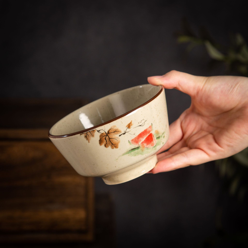 Bowl ceramic pentru orez, cu model floral subglazură, stil pastoral, potrivit pentru microunde