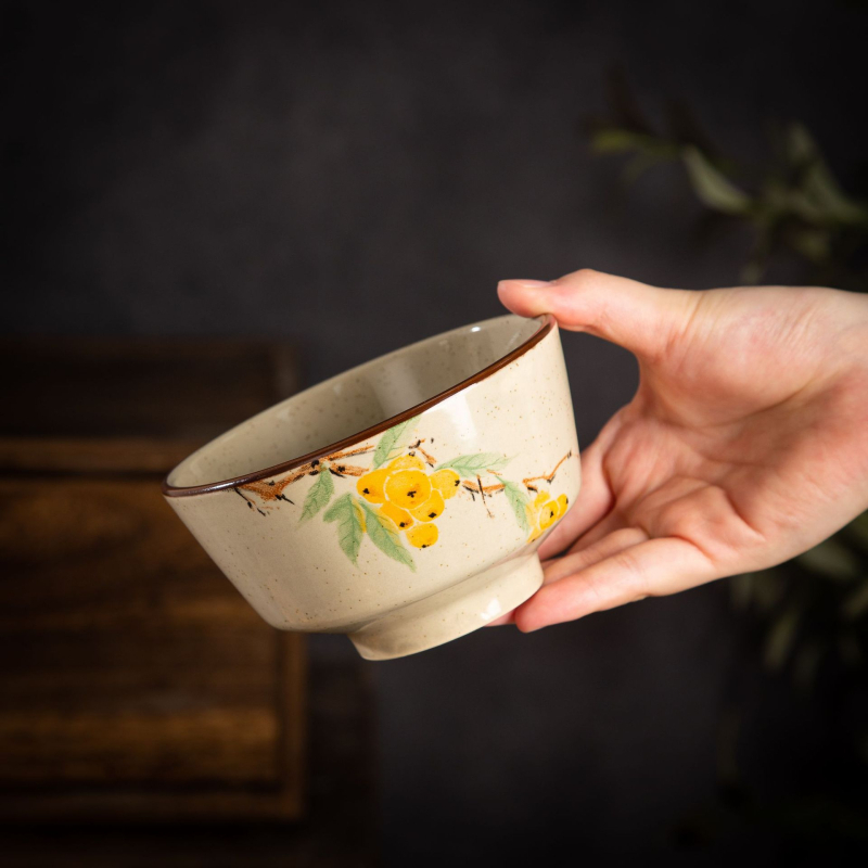 Bowl ceramic pentru orez, cu model floral subglazură, stil pastoral, potrivit pentru microunde