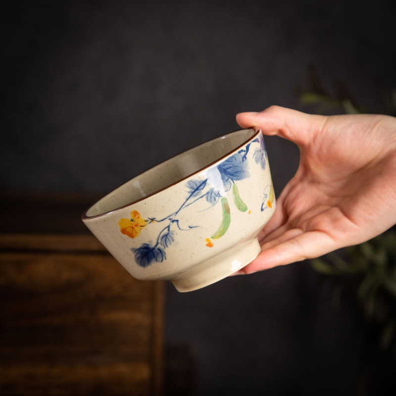 Bowl ceramic pentru orez, cu model floral subglazură, stil pastoral, potrivit pentru microunde