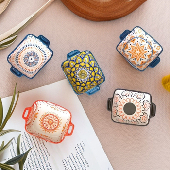 Керамична чиния за подправки, кръгла, с флорална шарка, модерен минималистичен бохемски стил, подходяща за микровълнова