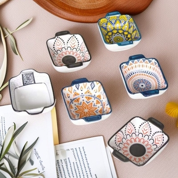 Керамична чиния за подправки, кръгла, с флорална шарка, модерен минималистичен бохемски стил, подходяща за микровълнова