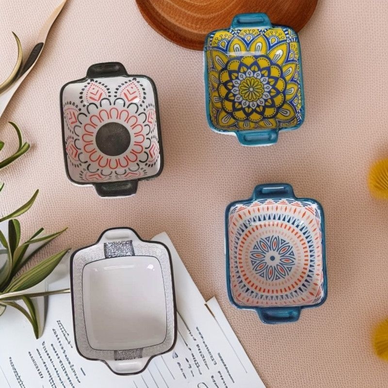 Керамична чиния за подправки, кръгла, с флорална шарка, модерен минималистичен бохемски стил, подходяща за микровълнова