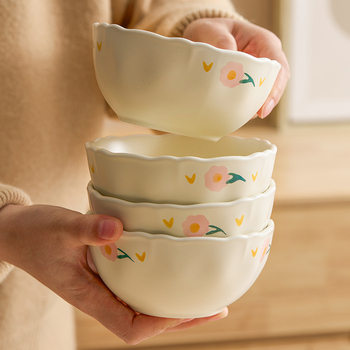 Bol şi farfurie din porțelan, cu model dantelat de bujor (peonie), formă rotundă, pictură manuală, compatibil cu microunde