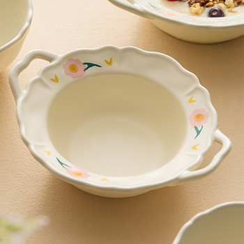 Bol şi farfurie din porțelan, cu model dantelat de bujor (peonie), formă rotundă, pictură manuală, compatibil cu microunde