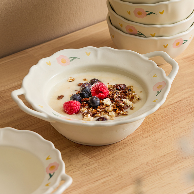 Bol şi farfurie din porțelan, cu model dantelat de bujor (peonie), formă rotundă, pictură manuală, compatibil cu microunde