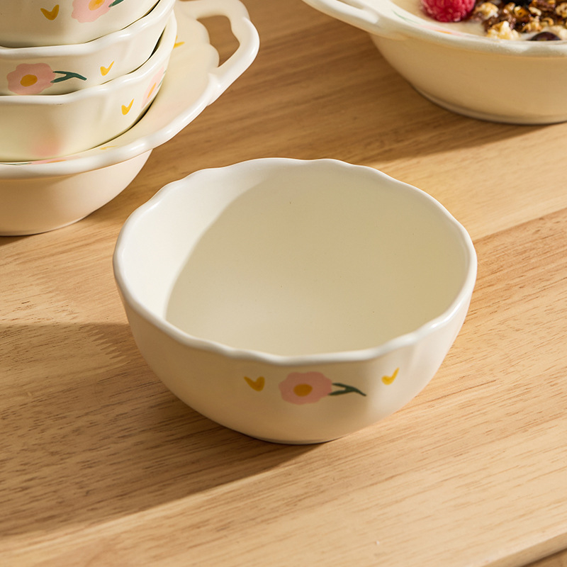 Bol şi farfurie din porțelan, cu model dantelat de bujor (peonie), formă rotundă, pictură manuală, compatibil cu microunde