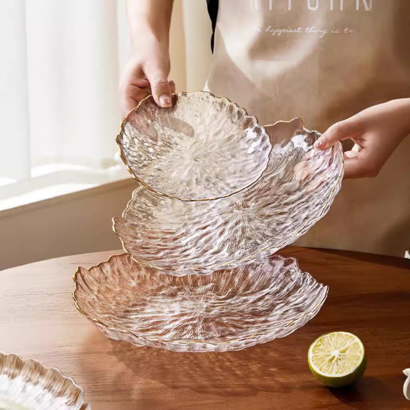 Farfurie rotundă din sticlă pentru fructe uscate și gustări, veselă de sufragerie cu design minimalist modern, transparent, suprafață desenată manual, logo personalizabil