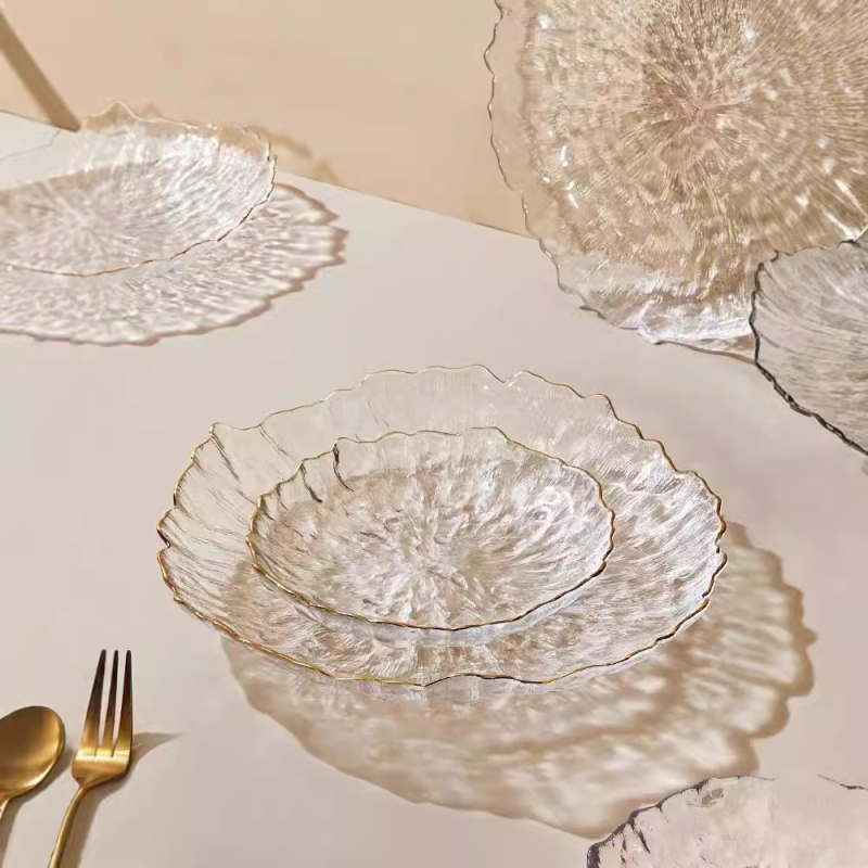 Farfurie rotundă din sticlă pentru fructe uscate și gustări, veselă de sufragerie cu design minimalist modern, transparent, suprafață desenată manual, logo personalizabil