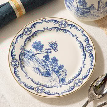 Керамичен комплект чинии с кръгла форма и глазуриран покритие; подходящ за хотели и ресторанти; възможно персонализиране и печат на лого.