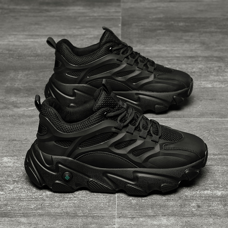 Muške tenisice s debelim potplatom, gornji dio od prave kože, mrežasta unutrašnjost, PU đon, tekstilna uložak – prozračne sportske tenisice (visina peta 3–5 cm)